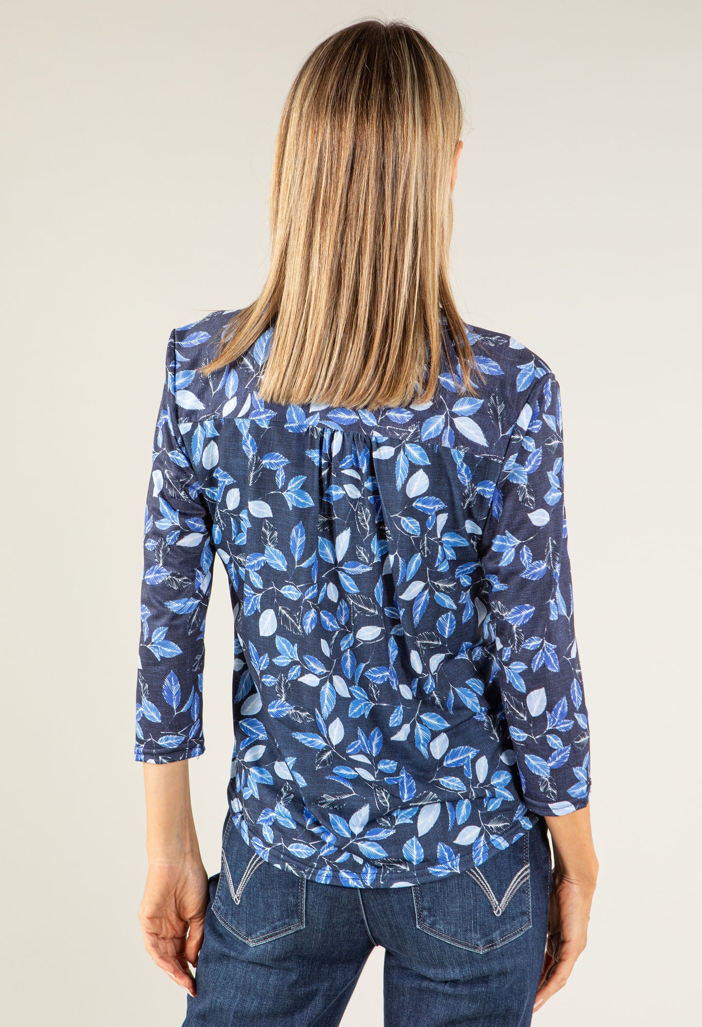 Leaf Print Zip-Up Blouse