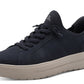 Navy blue sneaker with a beige sole on a white background