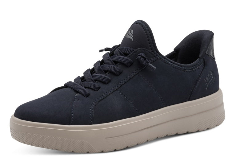 Navy blue sneaker with a beige sole on a white background