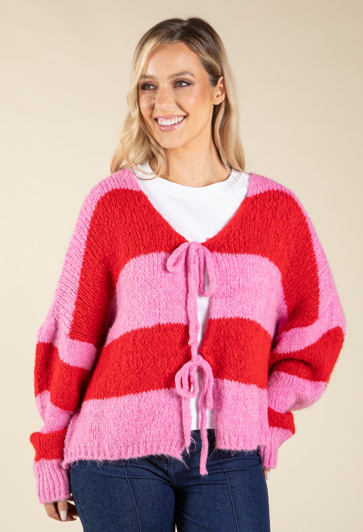 Striped Tie Front Knit Cardigan