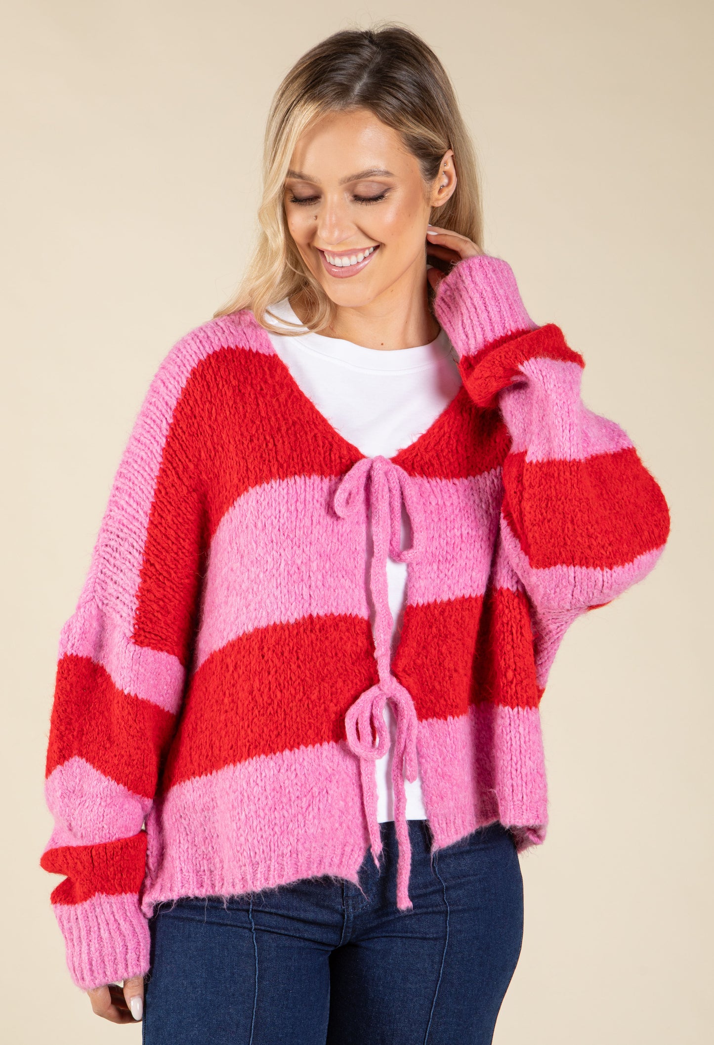 Striped Tie Front Knit Cardigan