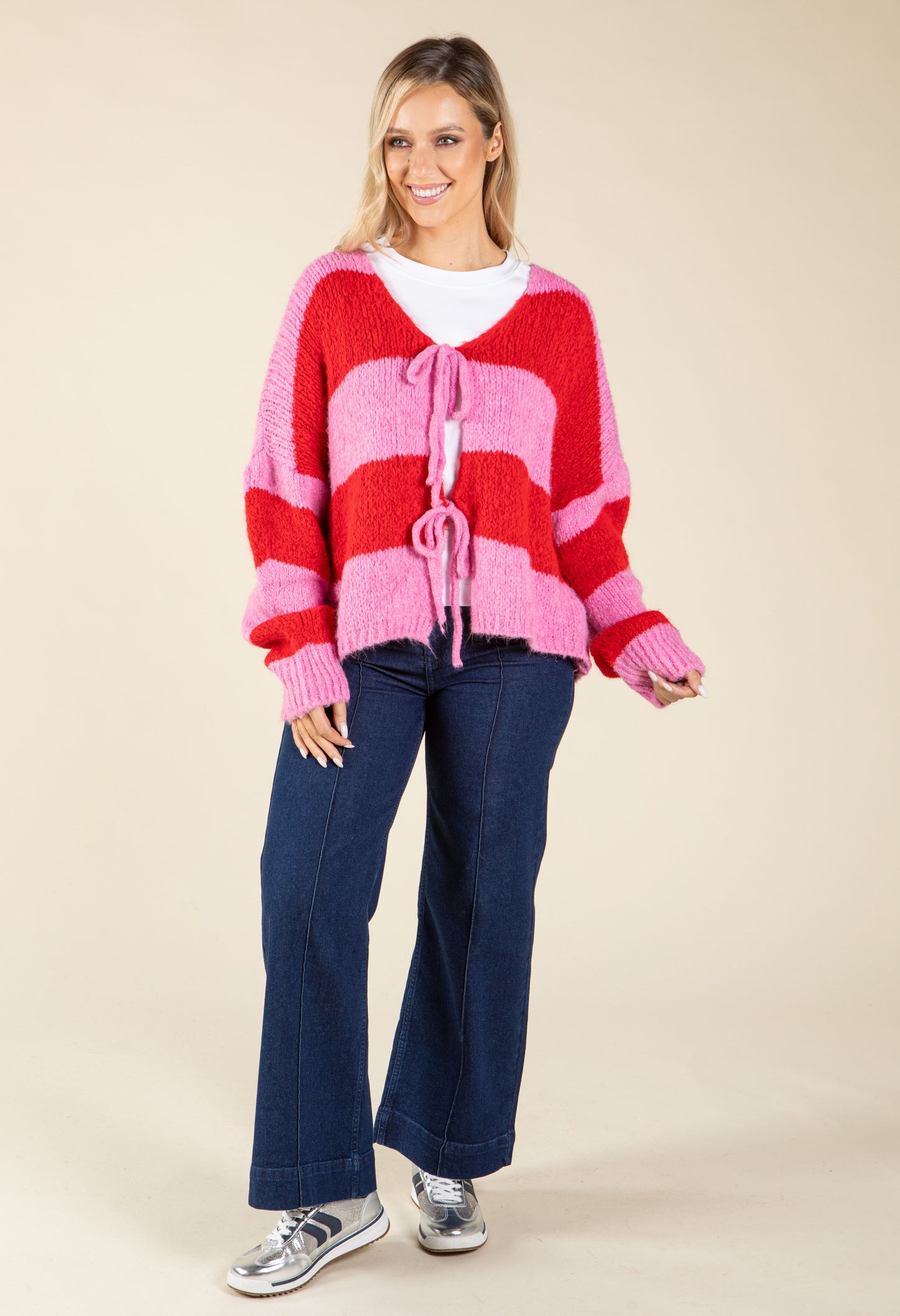 Striped Tie Front Knit Cardigan