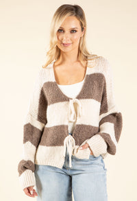 Striped Tie Front Knit Cardigan