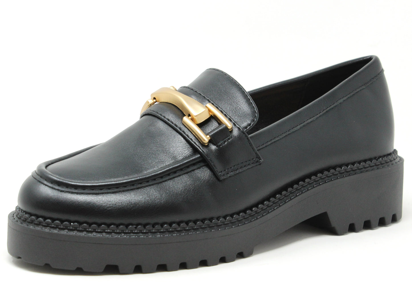 Black loafer with gold buckle on a white background