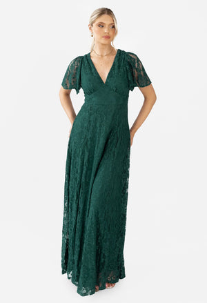 Lace V-Neck Angel Sleeve Maxi Dress