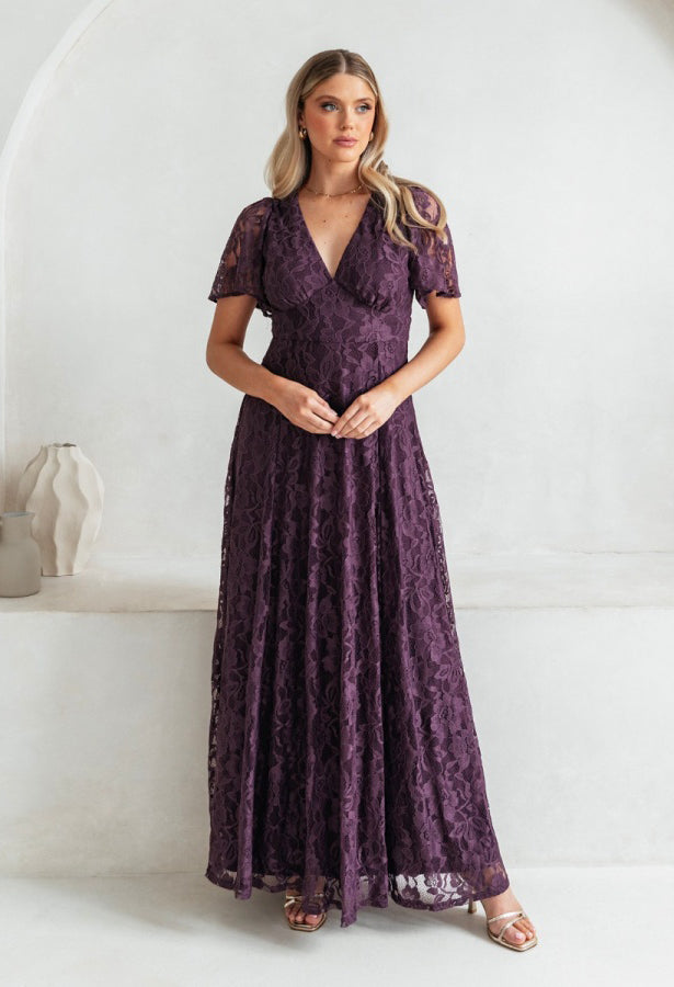 Lace V-Neck Angel Sleeve Maxi Dress – Pamela Scott