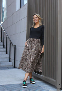 Ribbed Bodice Leopard Midi Dress