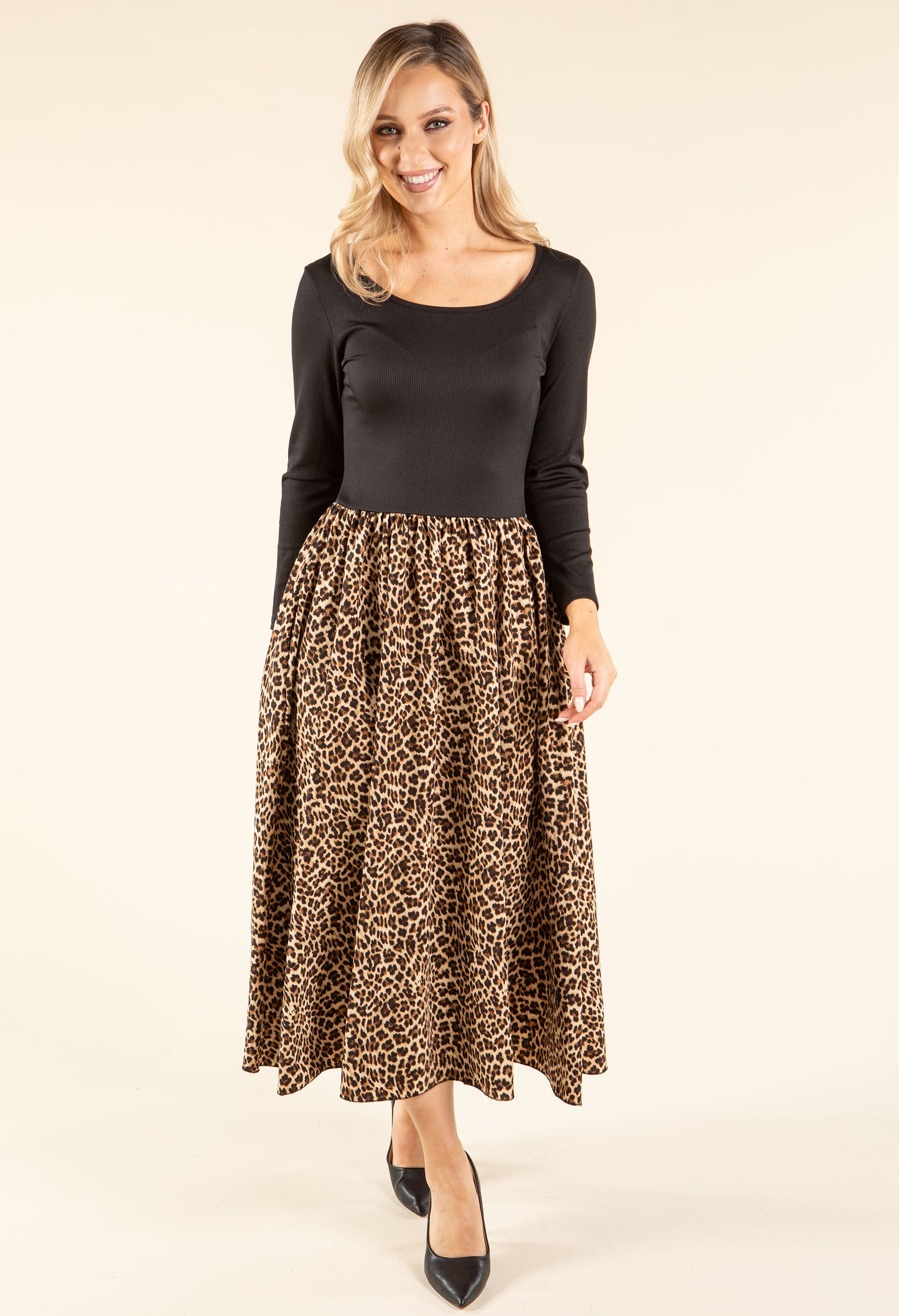 Ribbed Bodice Leopard Midi Dress
