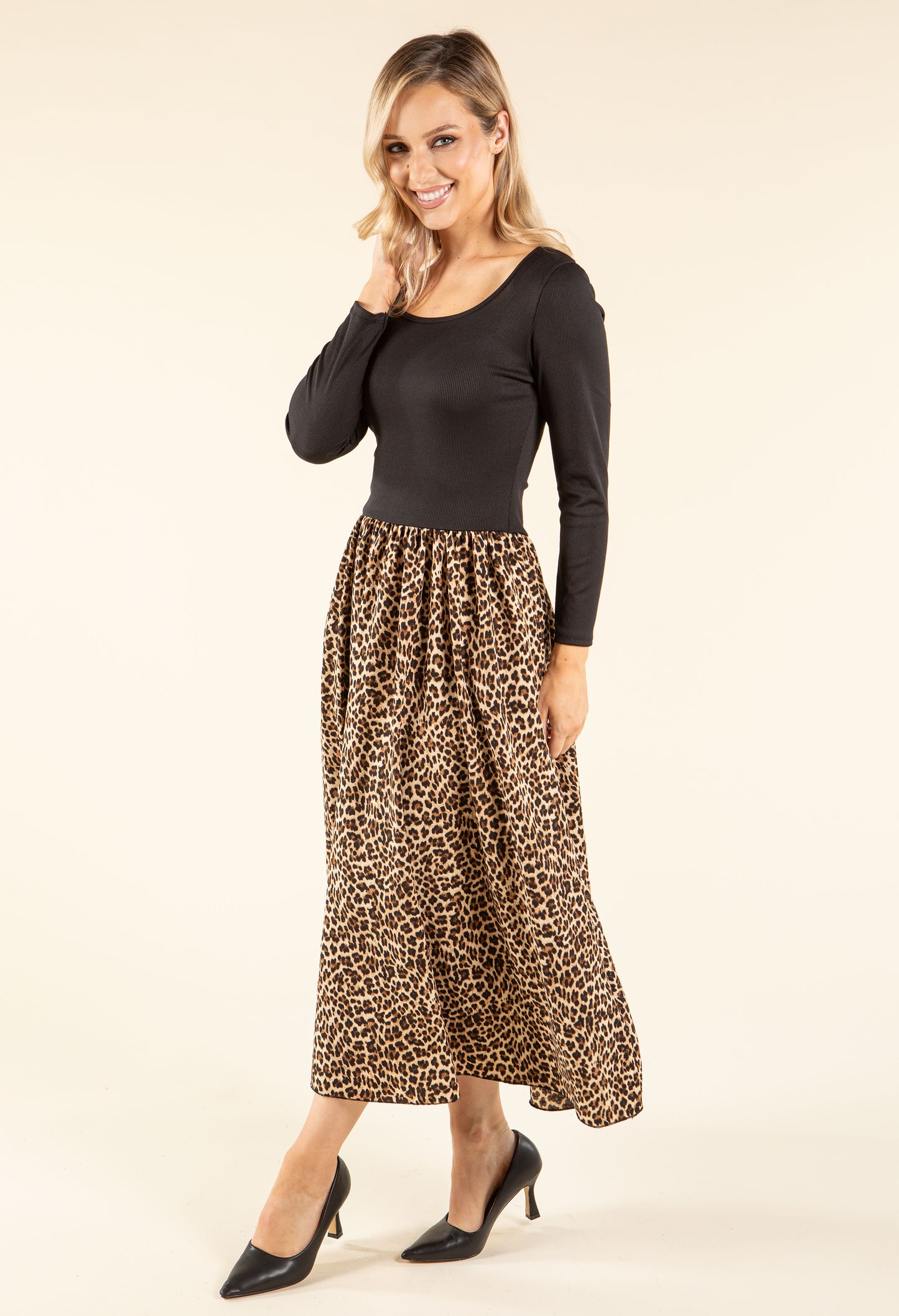 Ribbed Bodice Leopard Midi Dress