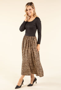 Ribbed Bodice Leopard Midi Dress