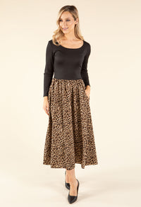 Ribbed Bodice Leopard Midi Dress