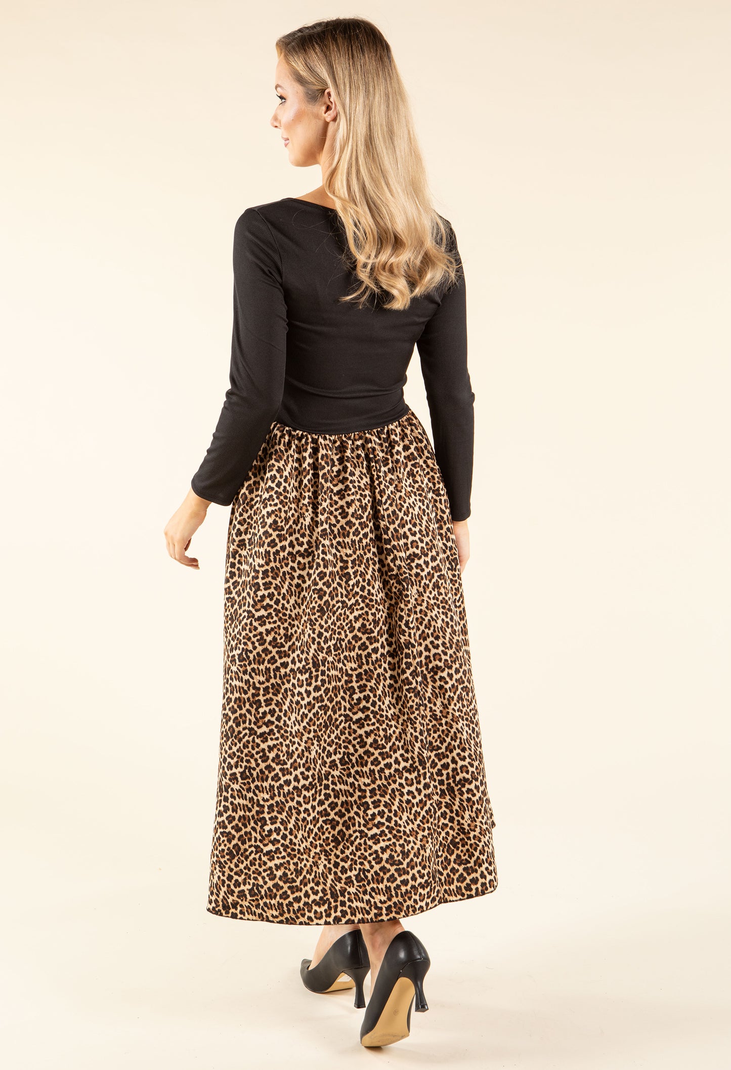 Ribbed Bodice Leopard Midi Dress