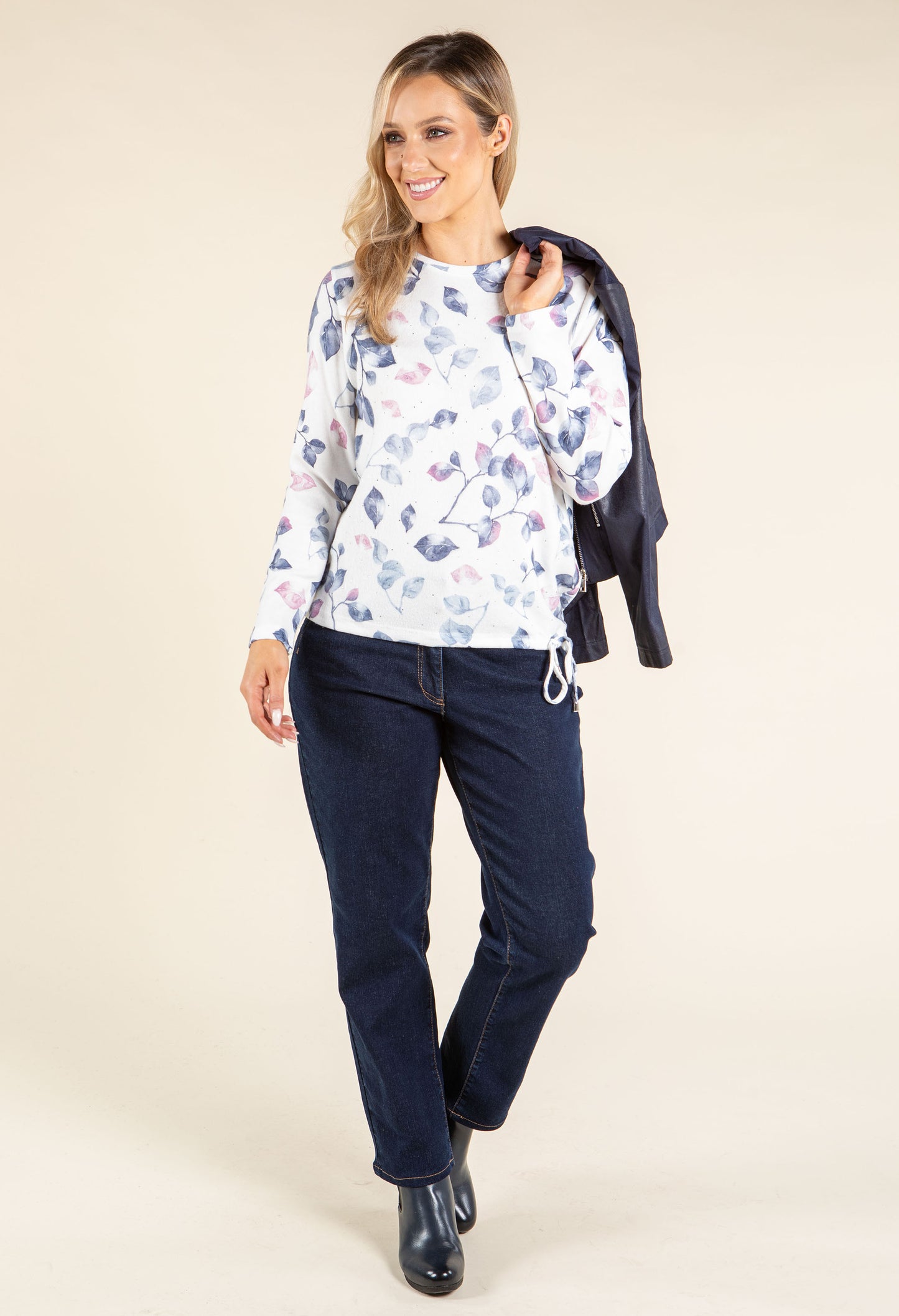 Diamante Leaf Print Knit Top