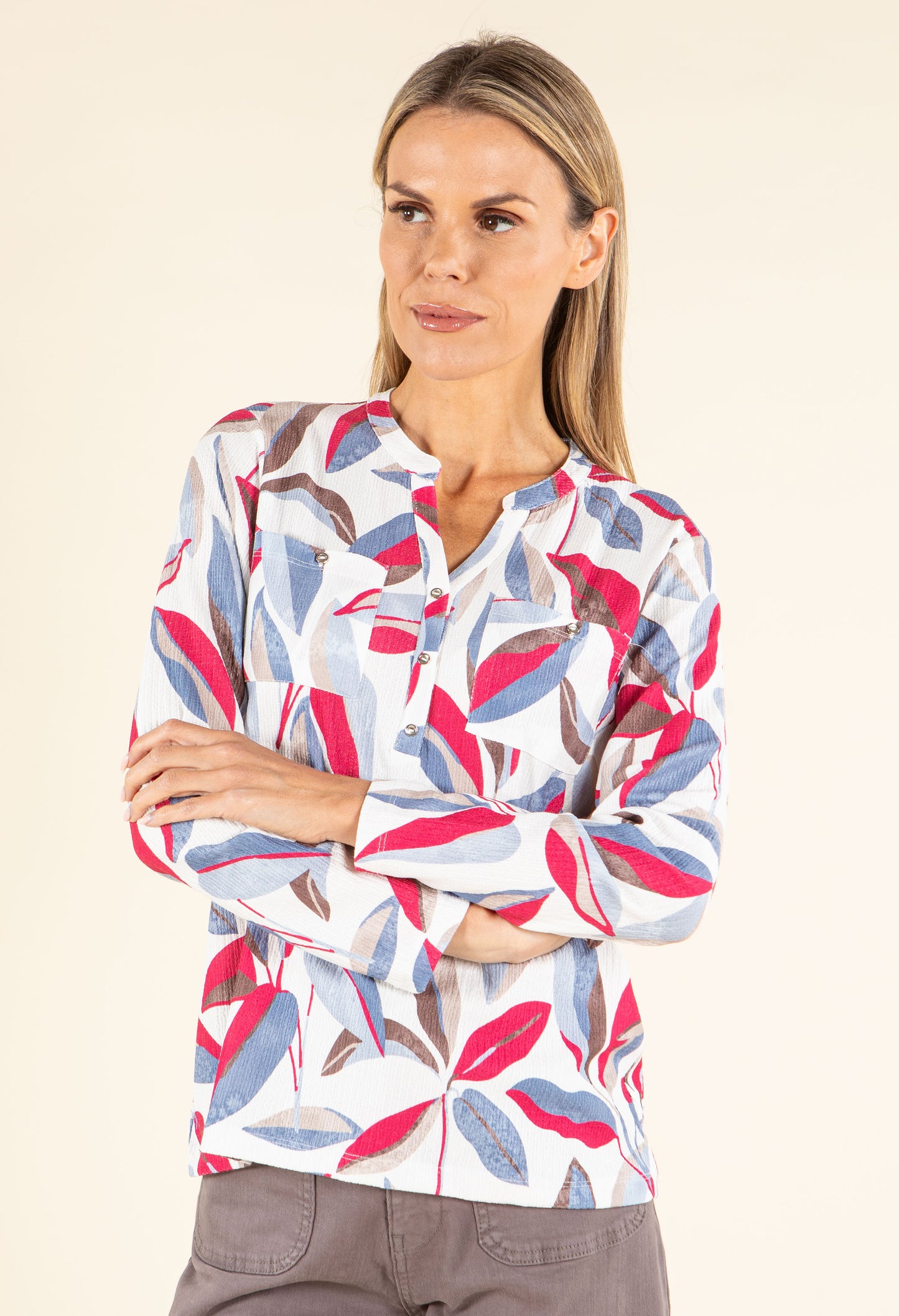 Front Pocket Leaf Print Top