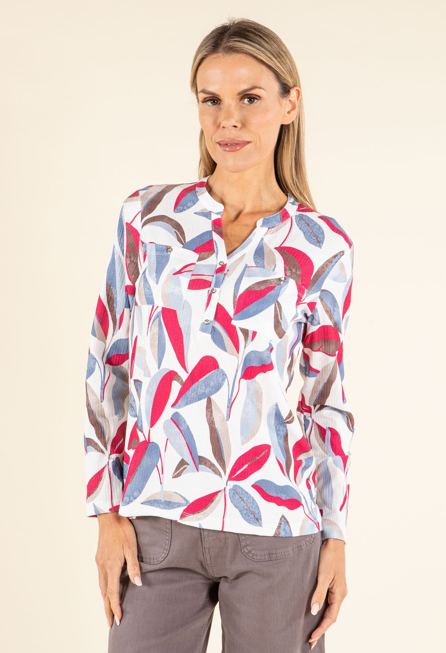 Front Pocket Leaf Print Top
