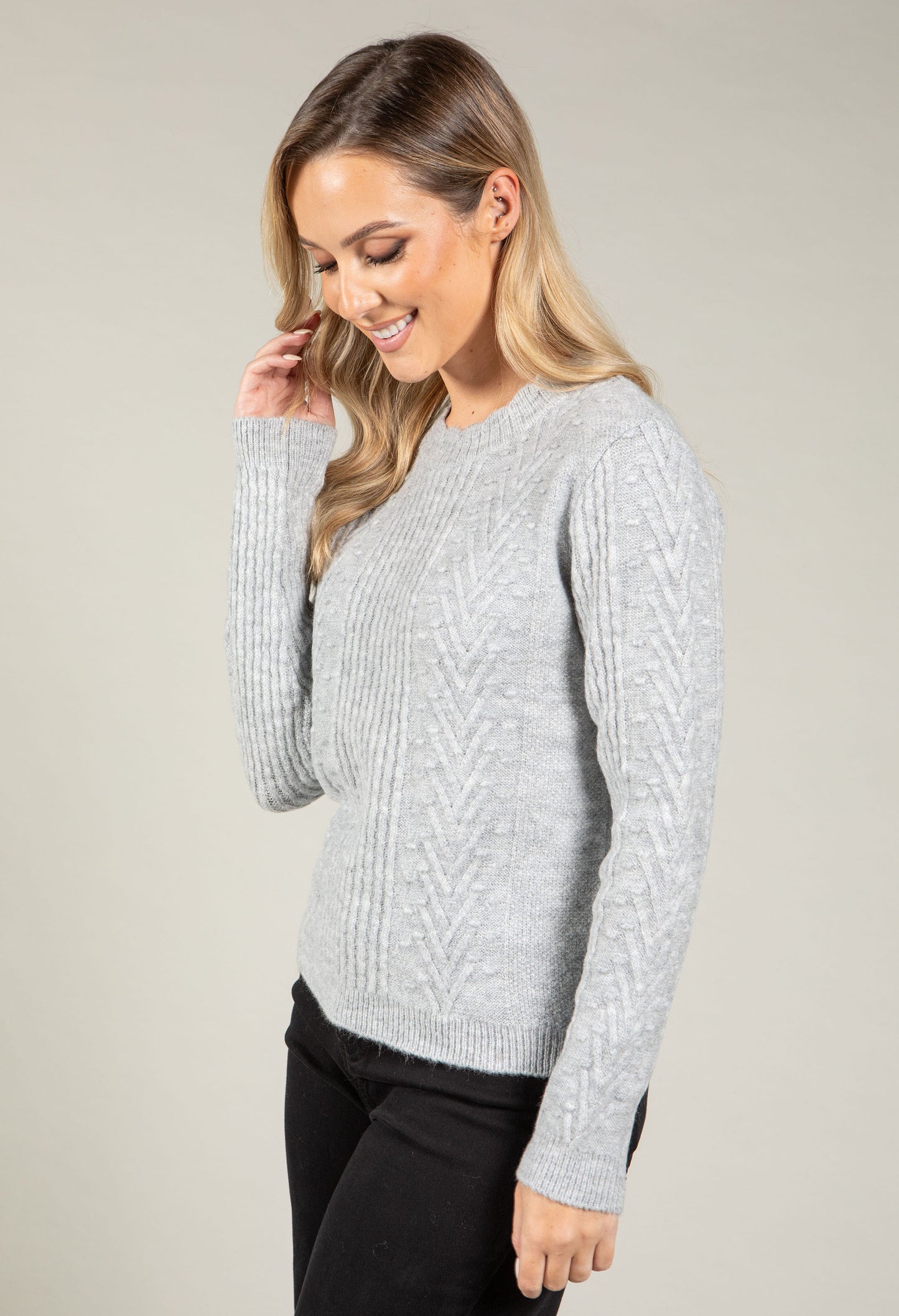 Scalloped Neck Bobble Knit Jumper