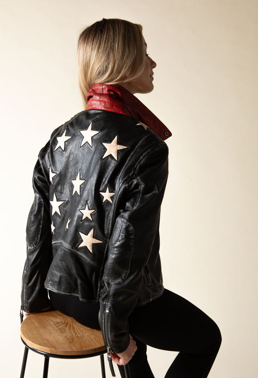 Star Detail Leather Biker Jacket