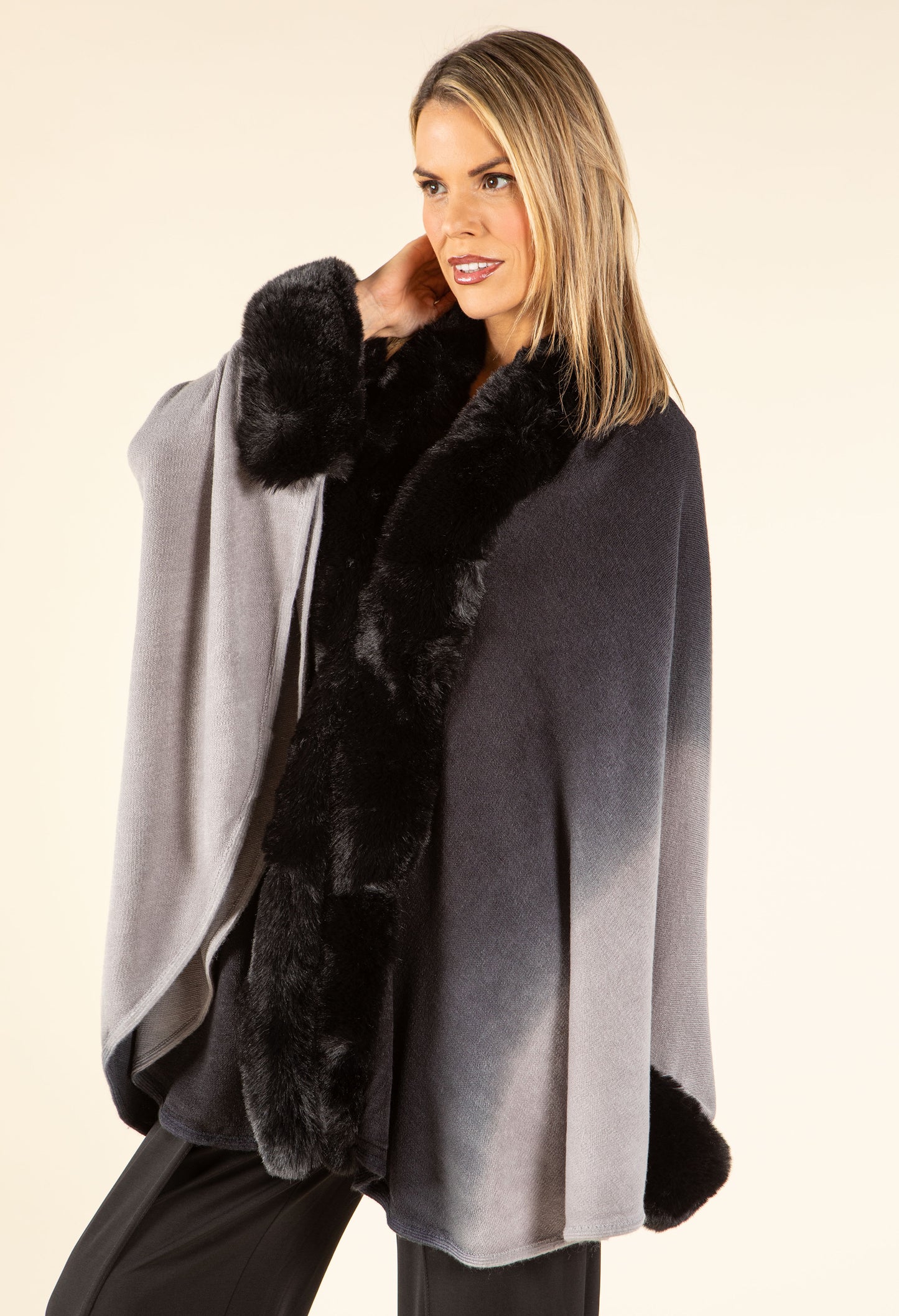 Faux Fur Trim Ombré Cape