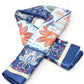 Folded fabric with blue and orange pattern on a white background