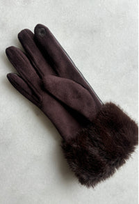 Dark brown gloves with fur cuffs on a light gray background