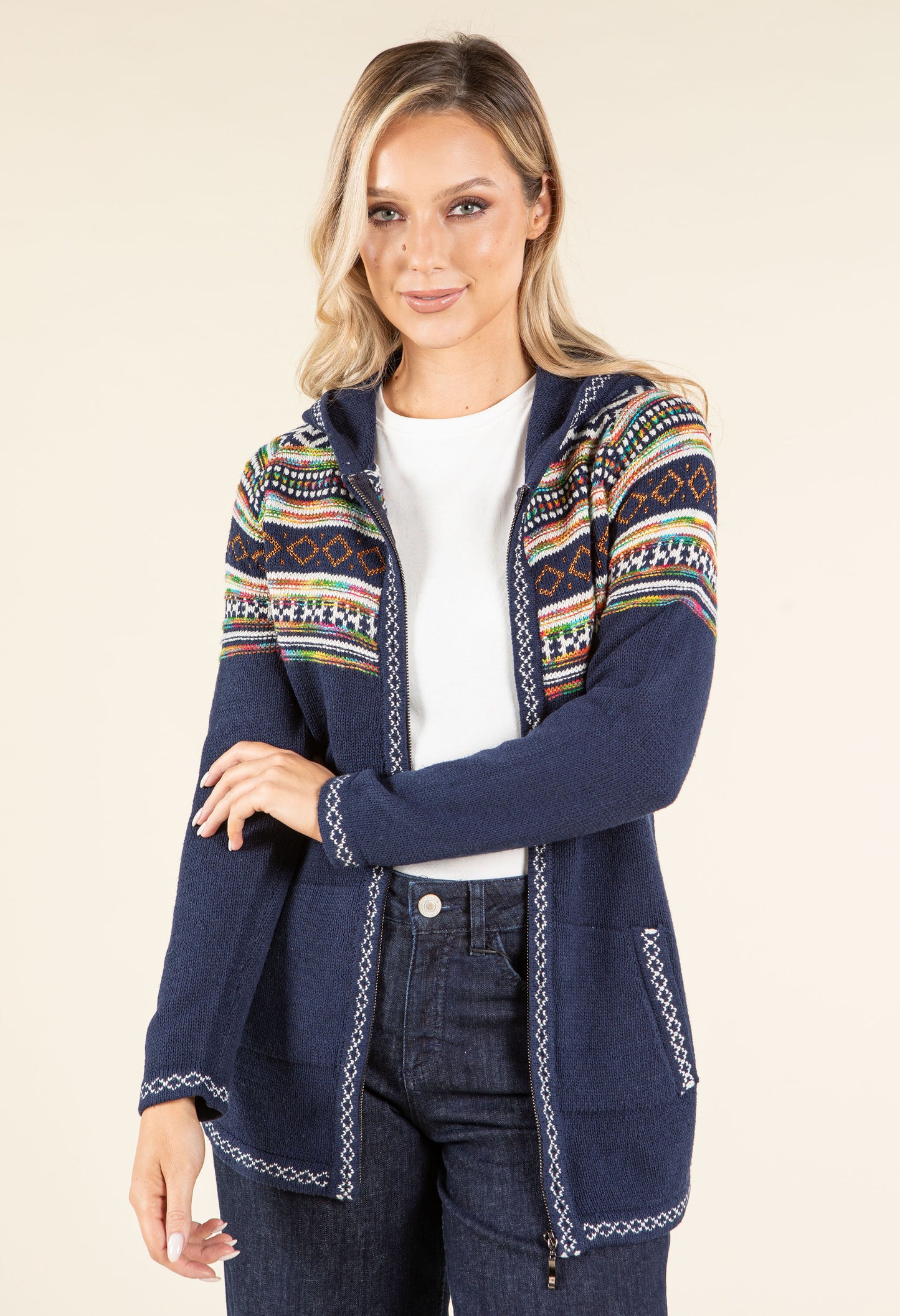 Fair Isle Hooded Knit Cardigan
