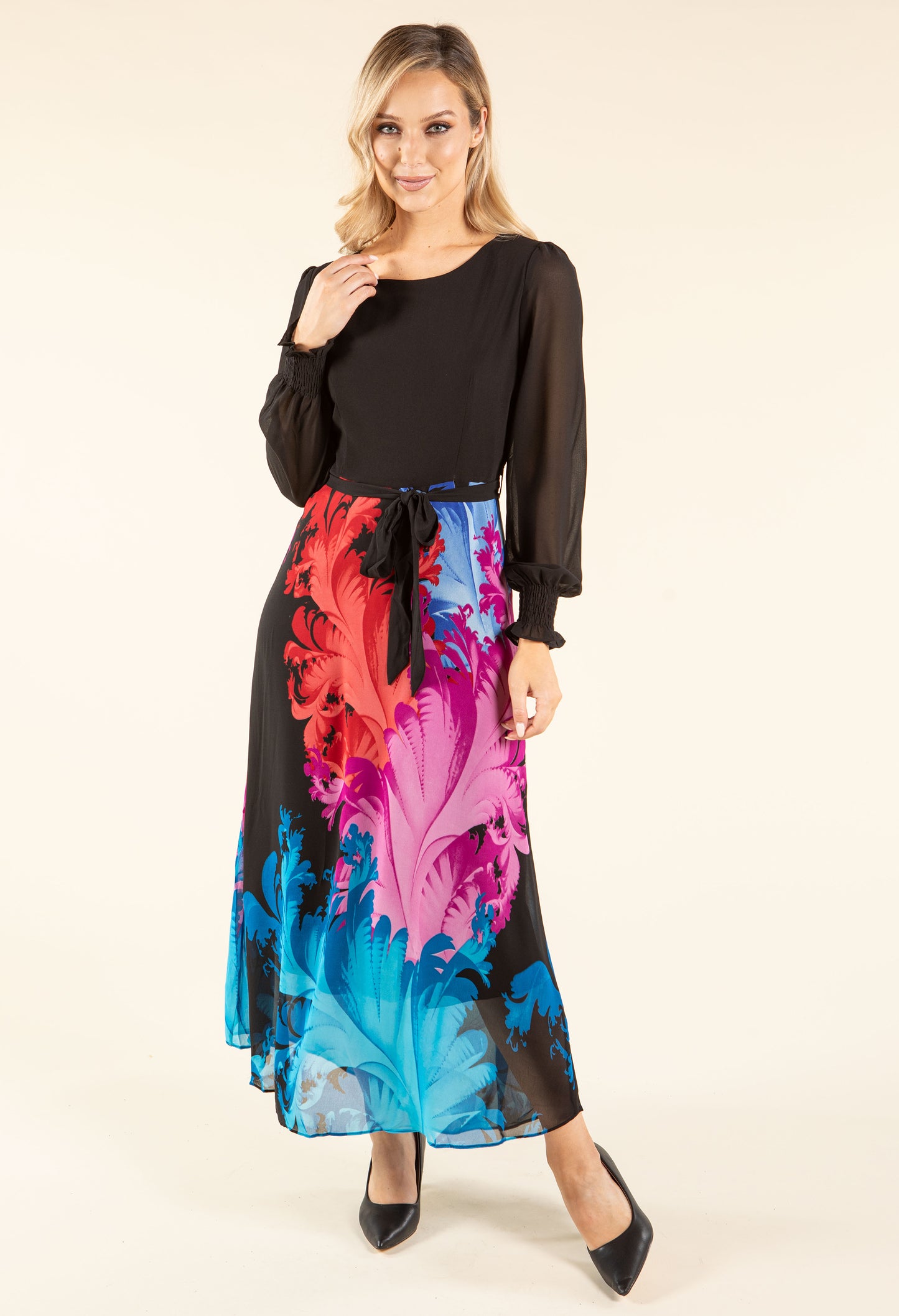 Feather Design Belted Dress