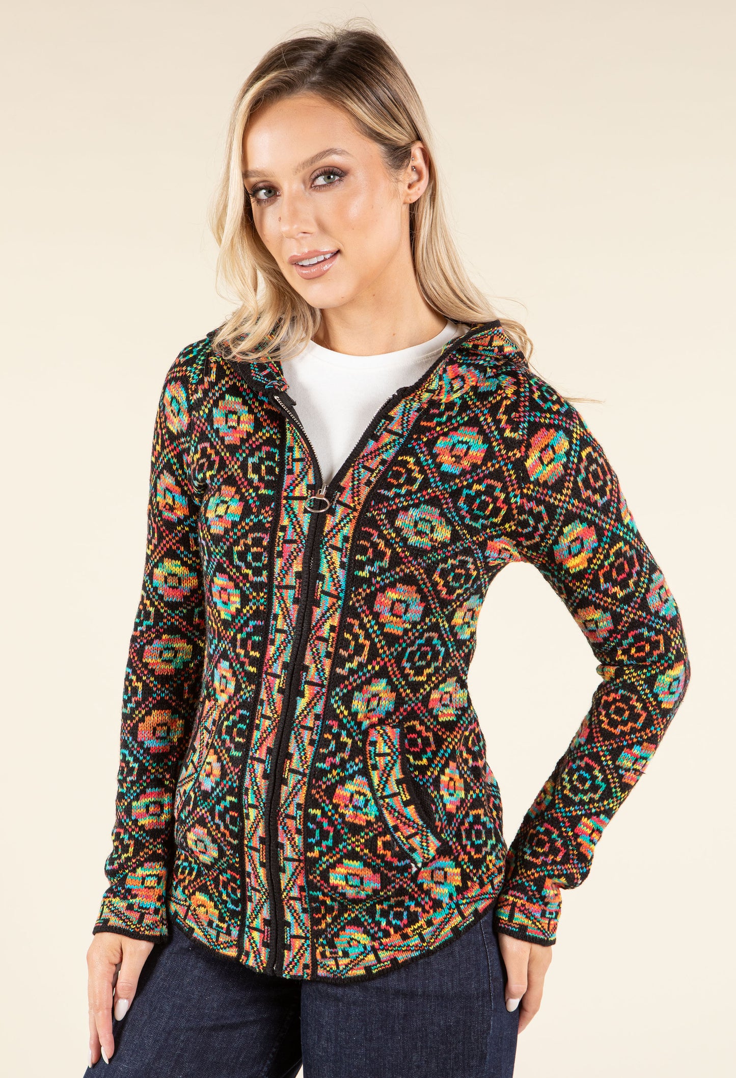 Ethnic Design Hooded Knit Cardigan