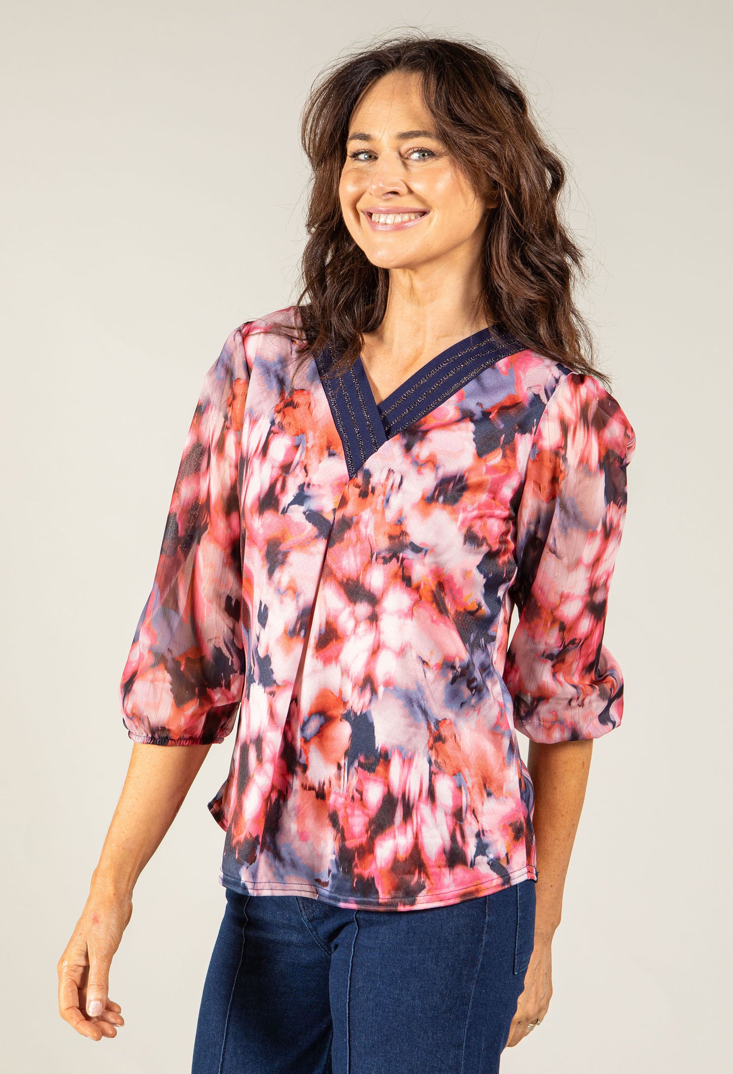 Abstract Print V-Neck Blouse