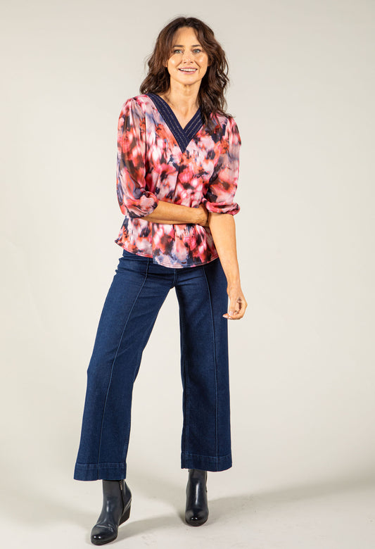 Abstract Print V-Neck Blouse