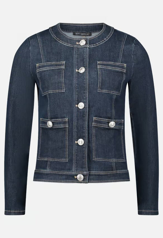 Denim jacket with button details on a white background