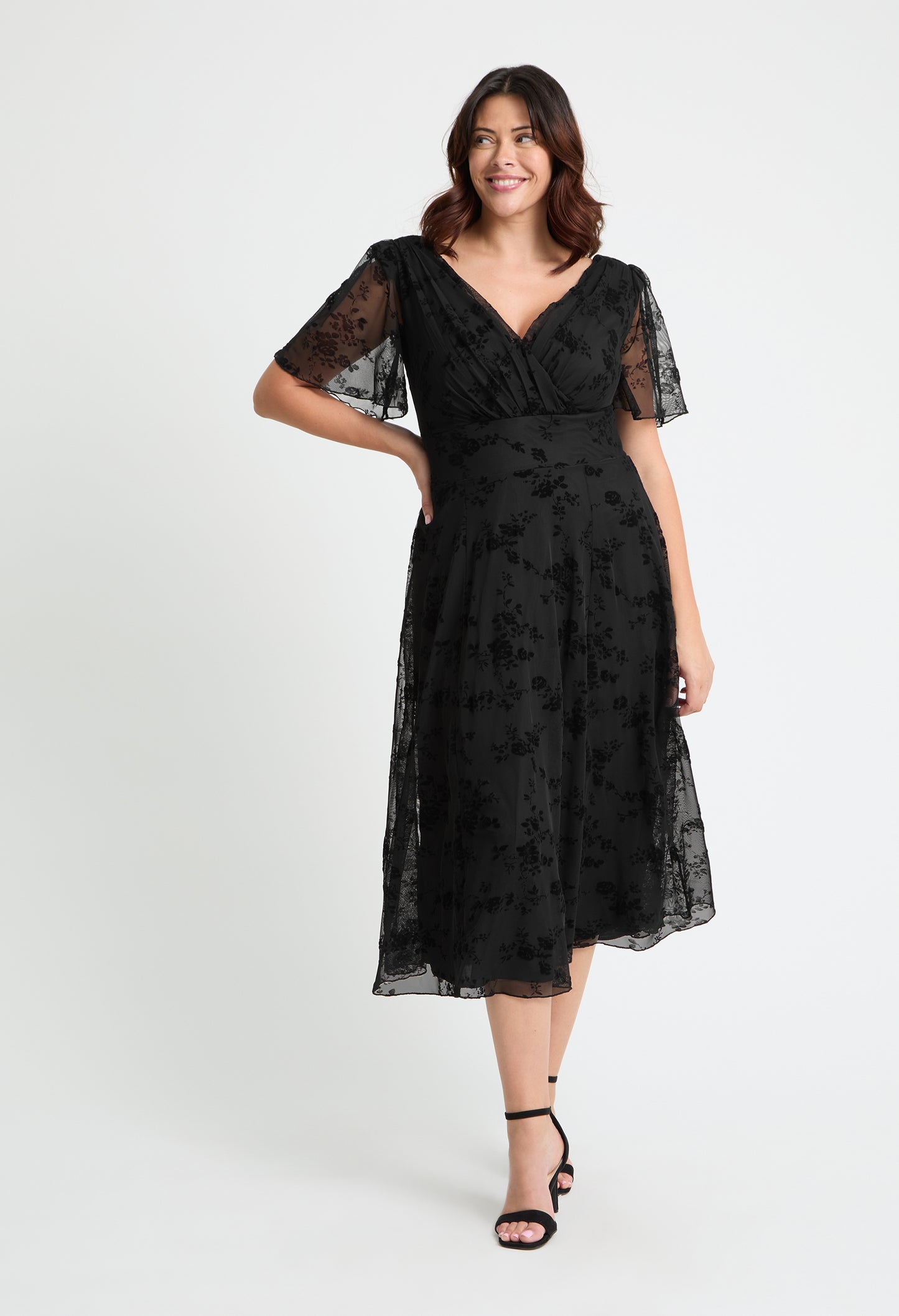 Victoria Angel Sleeve Mesh Midi Curve+ Dress