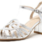 Silver sandal with a block heel on a white background