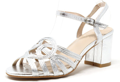 Silver sandal with a block heel on a white background