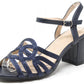 Navy blue sandal with a block heel on a white background