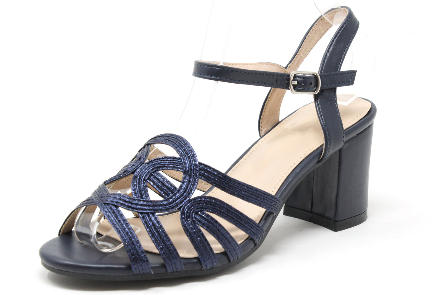 Navy blue sandal with a block heel on a white background