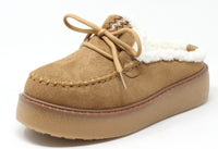 Brown moccasin shoe with white fur lining on a white background