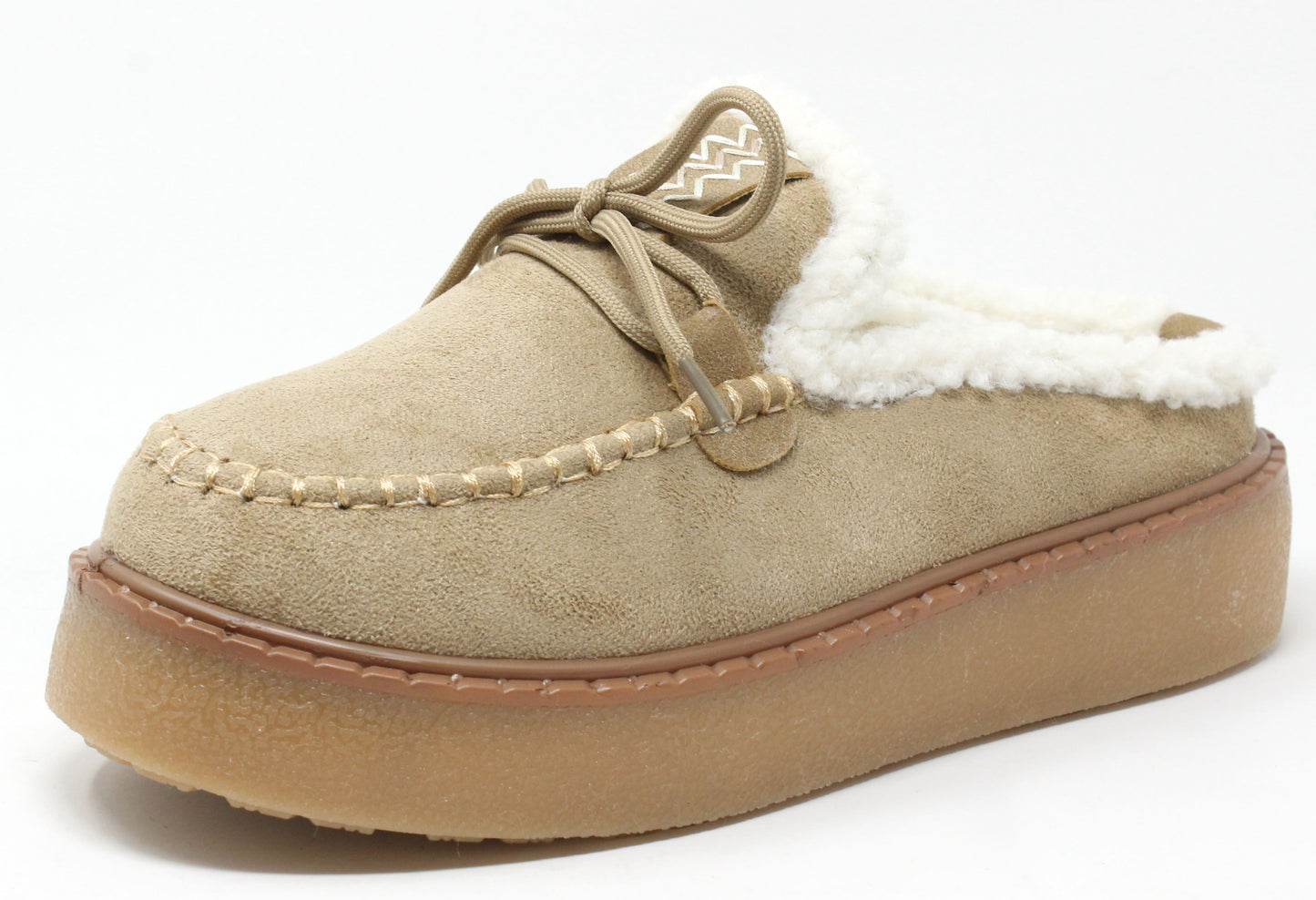 Beige slip-on shoe with white fur lining on a white background