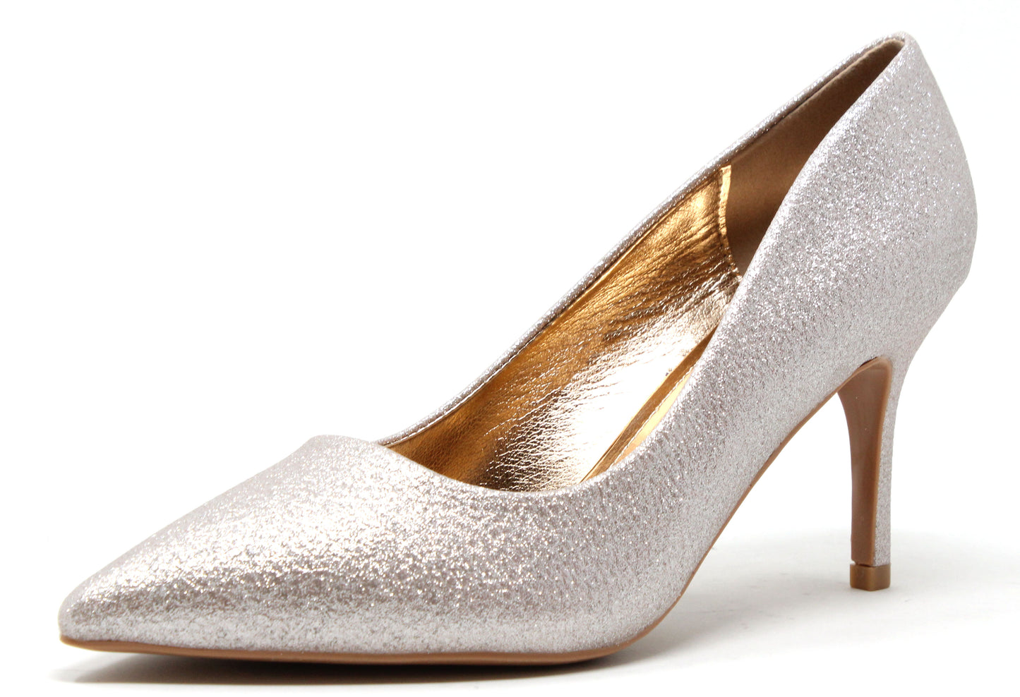 champagne glitter high heel shoe on a white background
