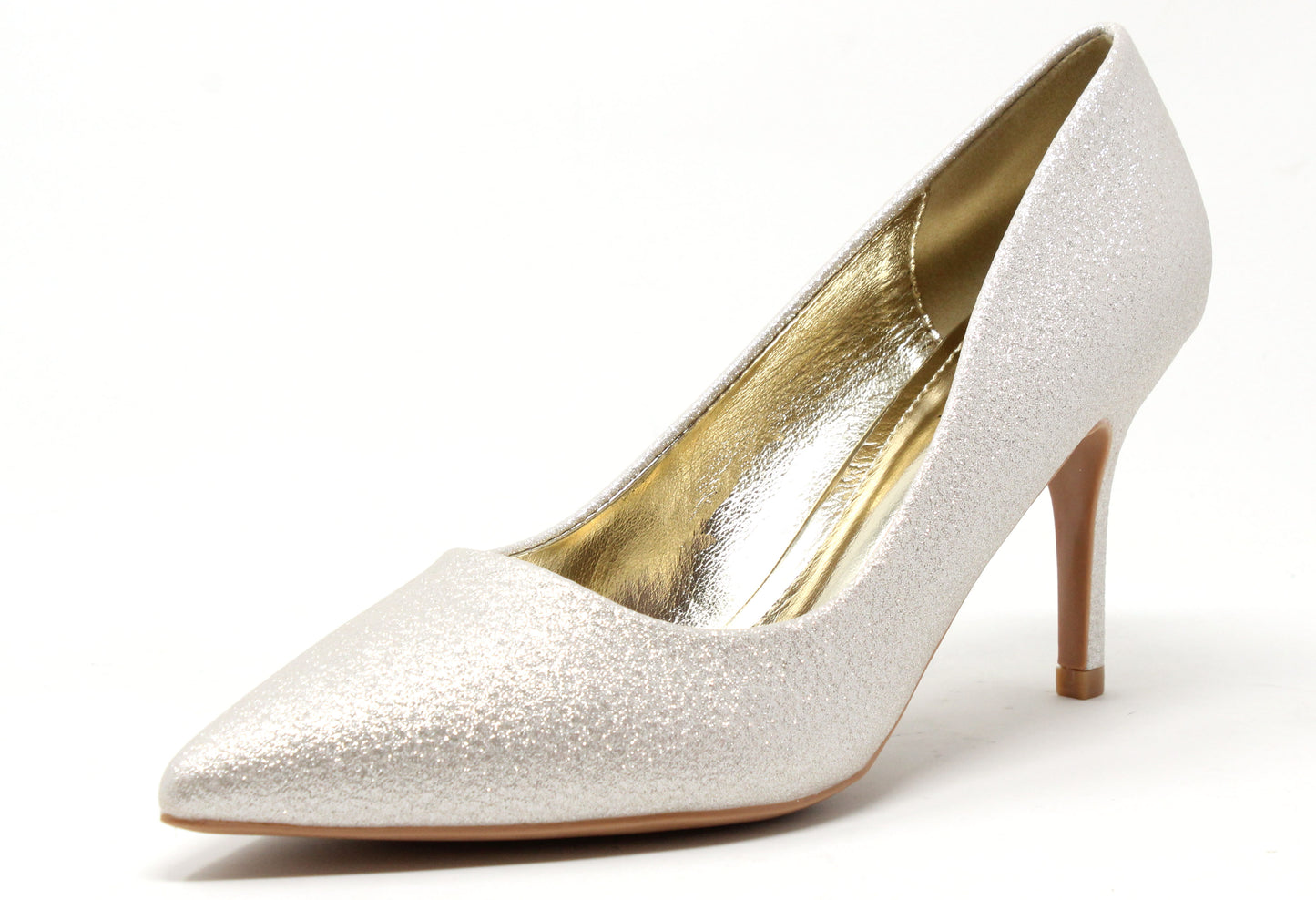 gold glitter high heel shoe on a white background
