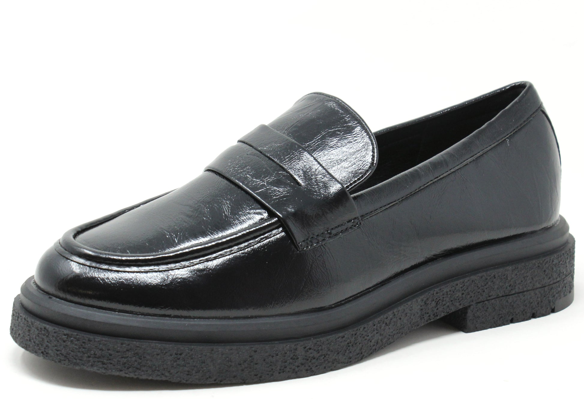 Black leather loafer shoe on a white background