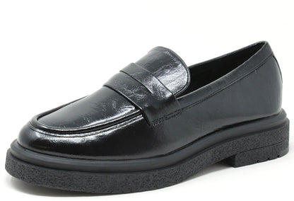 Black leather loafer shoe on a white background