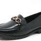 Black loafer shoe with gold chain detail on a white background