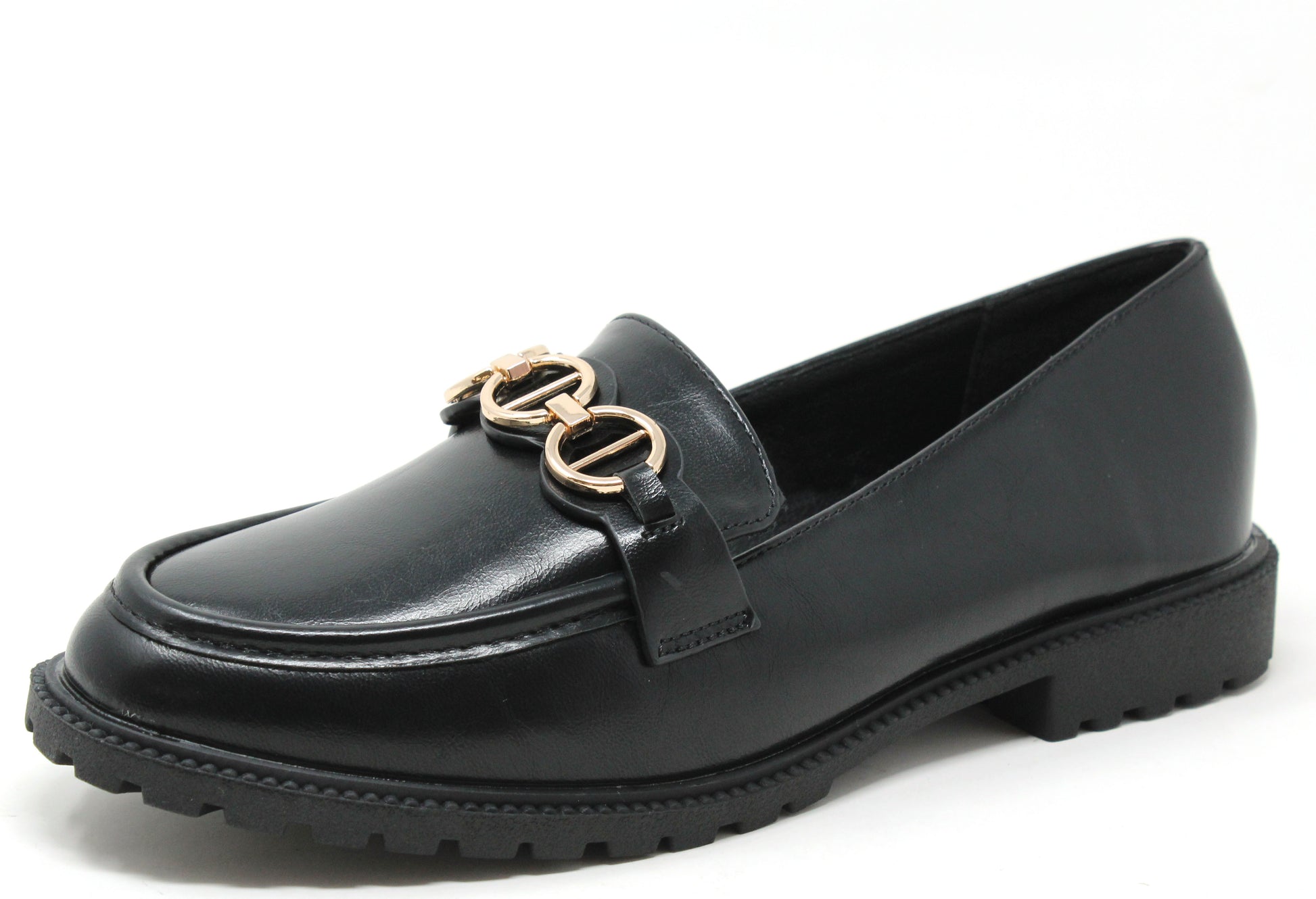 Black loafer shoe with gold chain detail on a white background