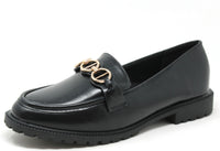 Black loafer shoe with gold chain detail on a white background