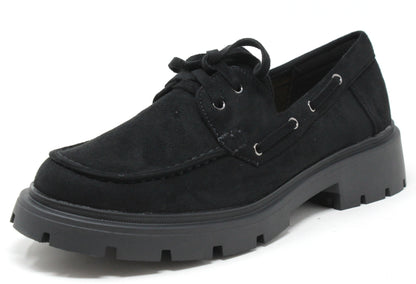 Black suede shoe with a thick sole on a white background