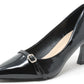 Black patent leather high heel shoe with a strap on a white background