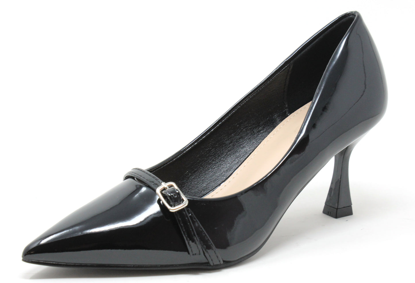 Black patent leather high heel shoe with a strap on a white background