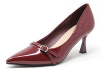 Red high-heeled shoe with a strap on a white background