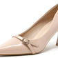 Beige high-heeled shoe with a strap on a white background