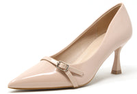 Beige high-heeled shoe with a strap on a white background